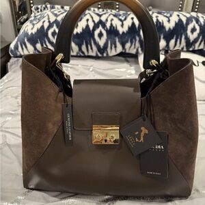 Elegant Brown Satchel with Gold Accents